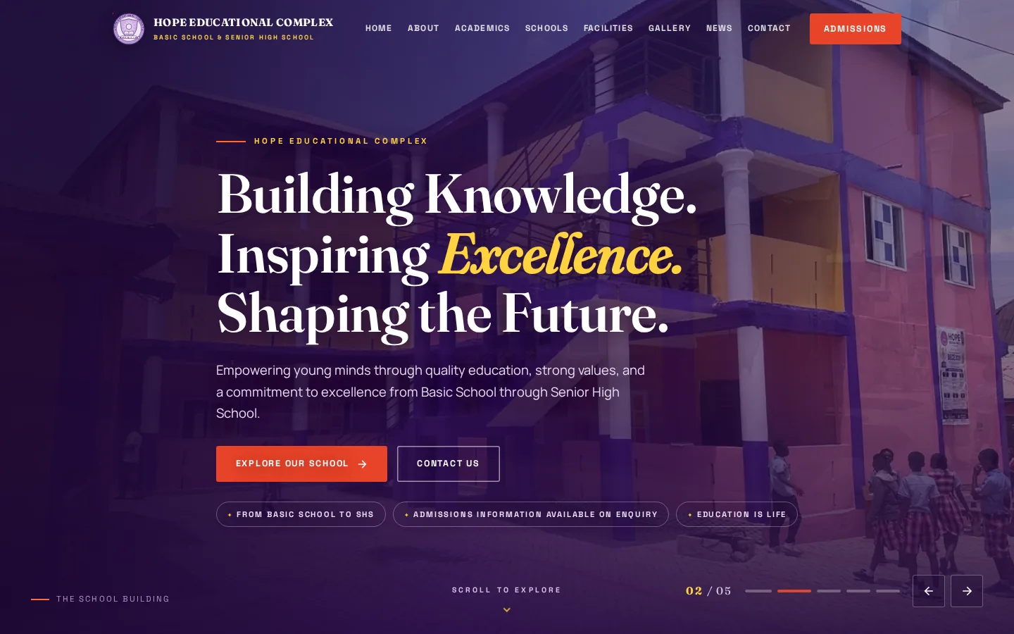 Hope Educational Complex website homepage shown in a desktop browser view
